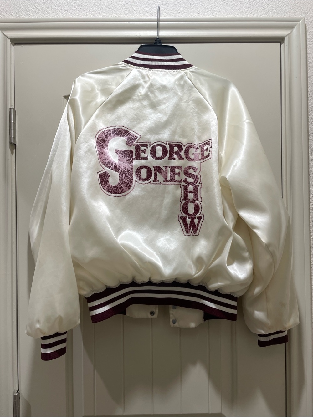 George Jones Show Satin Bomber Jacket in Cream and Maroon